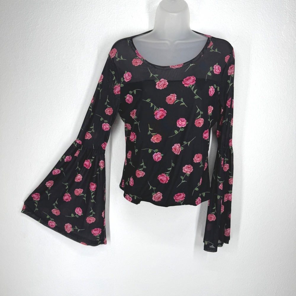 Womens Pink Rose Floral Sheer Mesh Bell Sleeve Top Black XL Whimsigoth Romantic